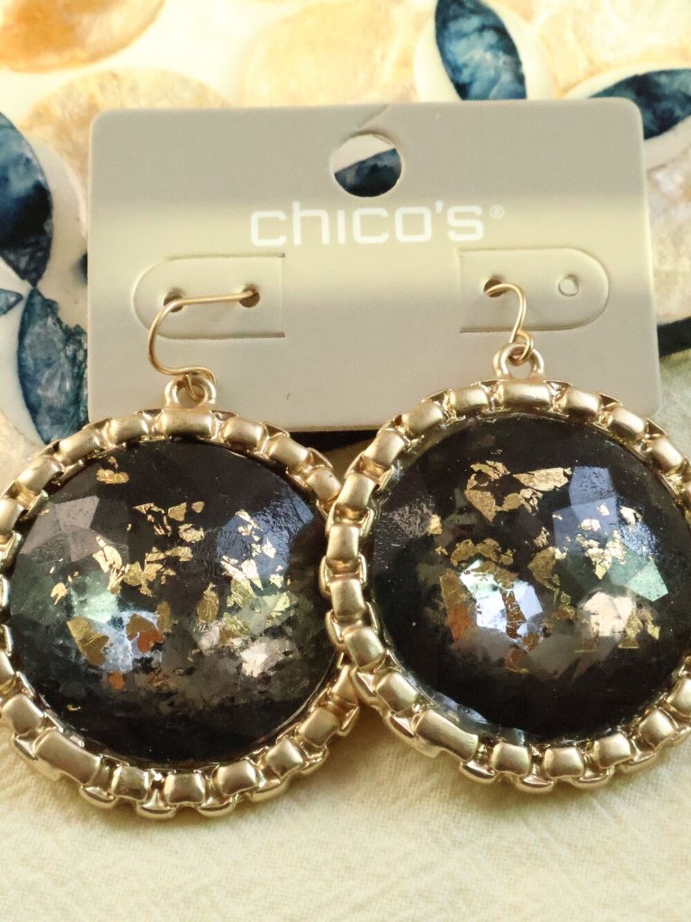 Chico's Black Gold Foil Faceted Large Dangle Earrings Fashion Jewelry